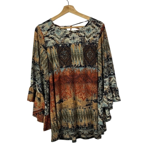 Boutique Now N Forever Brown Boho Printed Long Bell Sleeve Top L - Picture 1 of 4